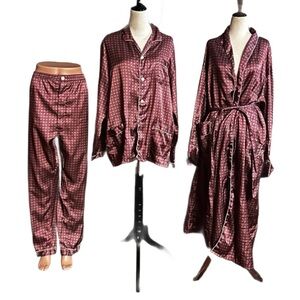 Esme ~ Men’s X-Large ~ Burgundy W/Blue & Gold Design ~ Satin 3 Piece Pajama Set